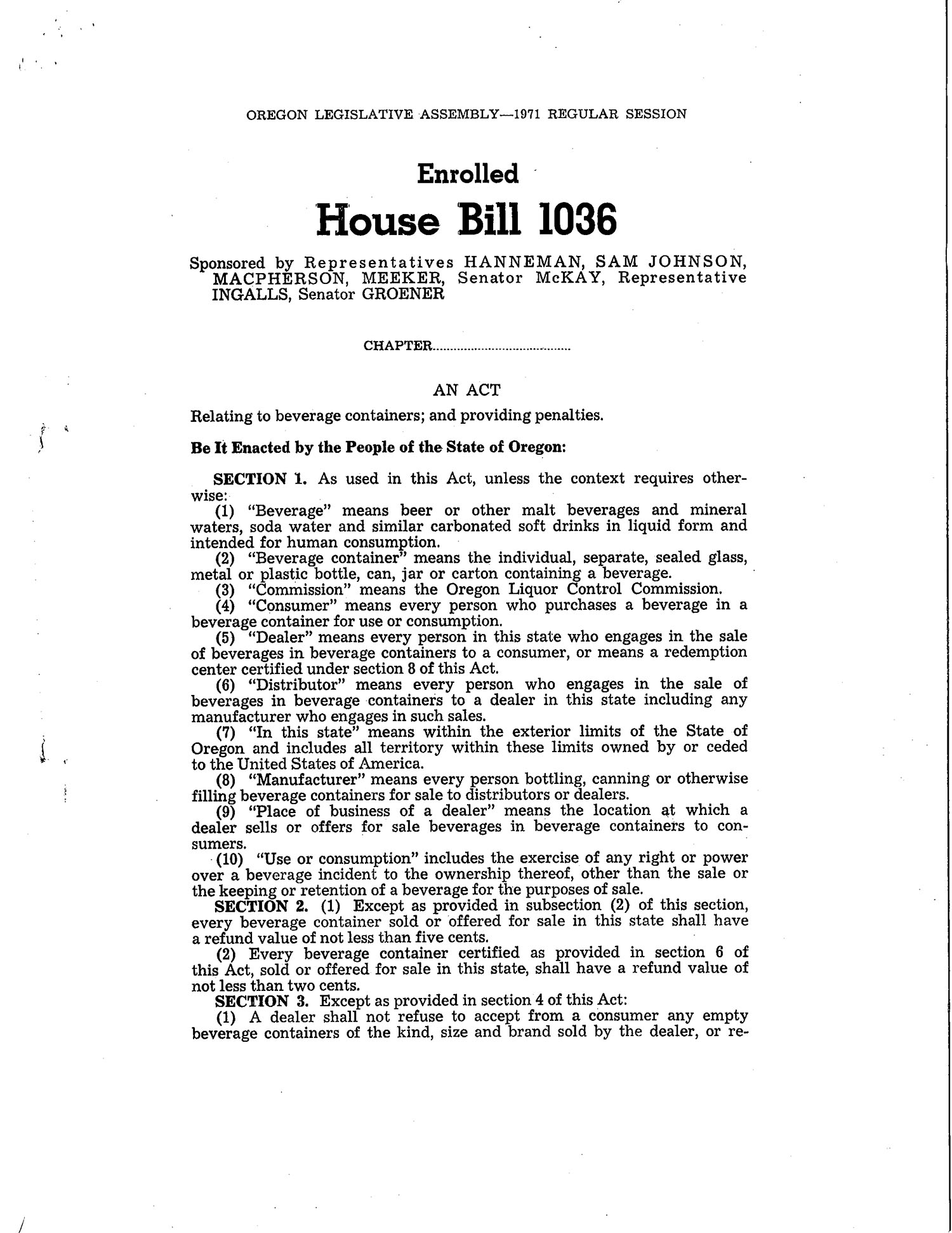 Beverage Container Act (Bottle Bill)
