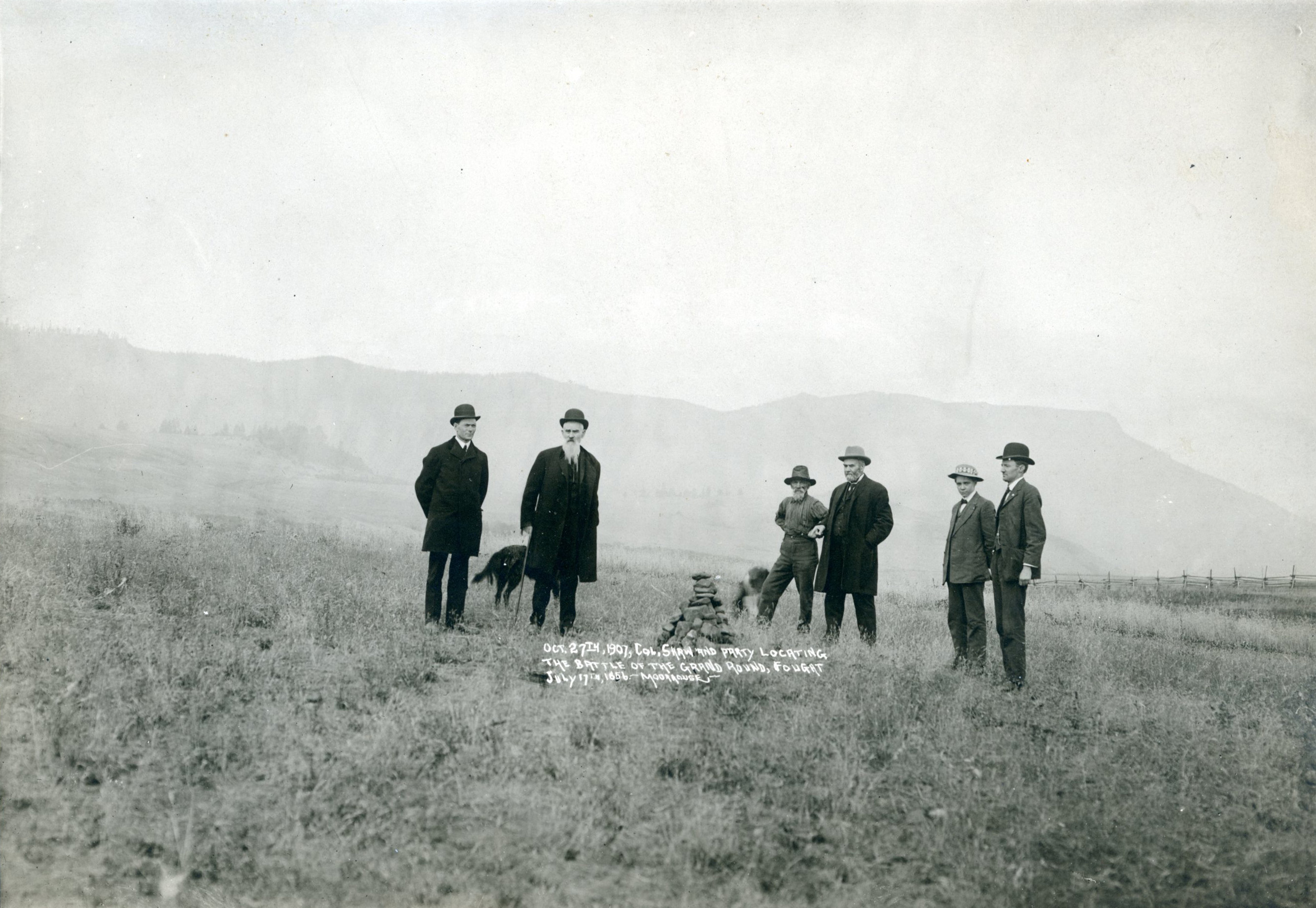 Col. Shaw stands second from the left; George Himes, of the Oregon Historical Society, is third from the right. They were joined by various newspaper editors in 1907 to locate the site of the battle/massacre.