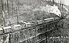 A train hauls timber camp buildings across a trestle in the woods on the way to the next harvesting site.