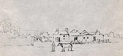 Whitman Mission buildings at Waiilatpu, about 1846.